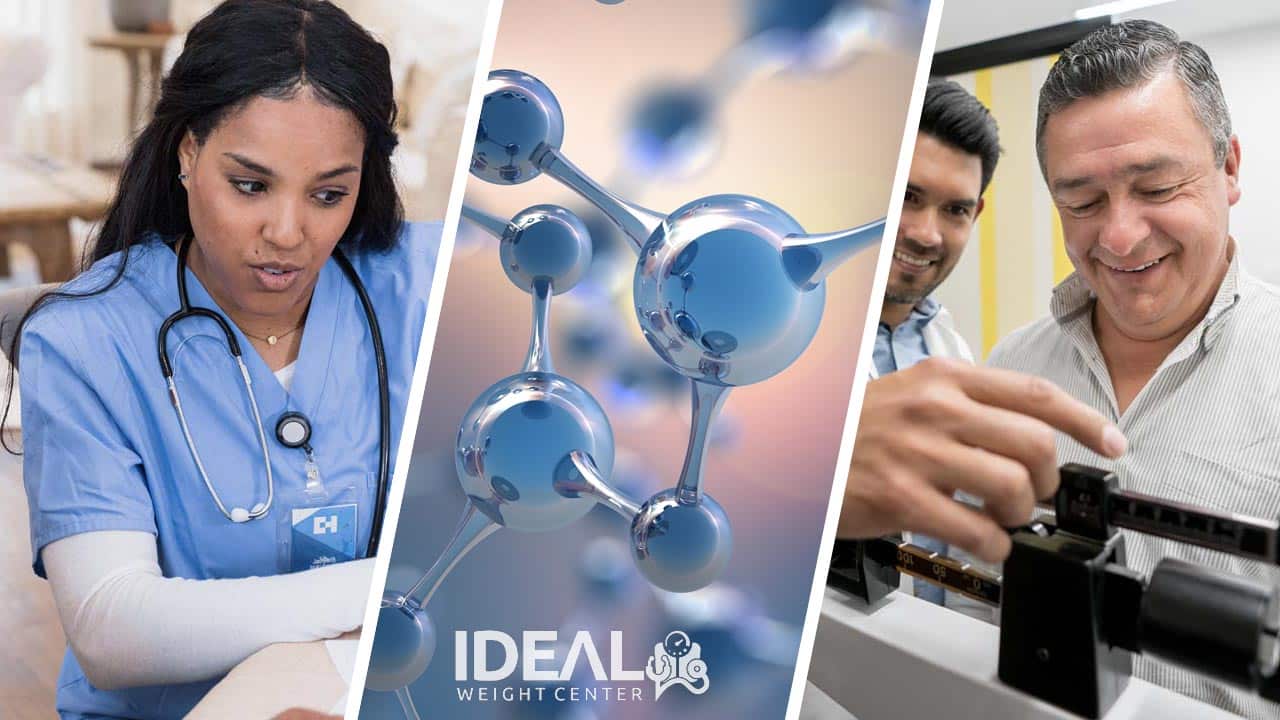 weight loss clinic in Rock Hill, SC showing a nurse consulting with patients, a 3d rendering of a semaglutide molecule and a patient on a scale checking his weight 